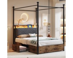 Pugsdrly Multifunctioneel bed 90 x 190, met opbergruimte en smeedijzeren hemelbed, met verwijderbare poten met LED-verlichting en USB/Type-C-oplaadpoorten, en twee lades, eenpersoonsbed van ijzer, bed voor tieners,