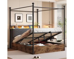 Pugsdrly Multifunctioneel tweepersoonsbed van smeedijzer 140*190, met hydraulisch opklapbare opbergruimte en smeedijzeren baldakijn, met verwijderbare stijlen met ledverlichting en USB/Type-C-poorten, bed voor tieners, zwart