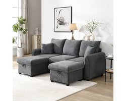 Pugsdrly Multifunctionele hoekbank Driezits U-vormige gestoffeerde bank met opbergfunctie - Inclusief laden + poef met opbergvak, afneembaar modulair bankstel met slaapfunctie, chenille bekleding