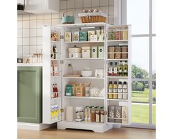 Pugsdrly - Multifunctionele keukenkast - Met LED-sensorlamp - In hoogte verstelbare legplanken - Dubbele deur met opbergvak - Kantelbeveiliging - Geschikt voor keuken, woonkamer en eetkamer - Wit - 60 x 35 x 128 cm