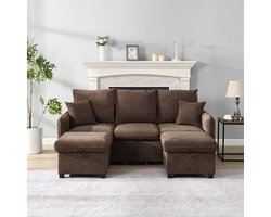 Pugsdrly Multifunctionele U-vormige hoekbank, driezits gestoffeerde bank met opbergfunctie - inclusief laden + poef met opbergvak, modulair bankstel met slaapfunctie, chenille bekleding