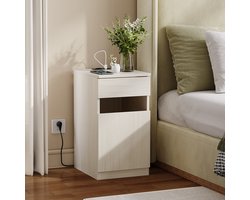 Pugsdrly Nightstand, nachtkastje met oplaadfunctie, slaapkamerkastje met USB & stopcontact, 30x40x61,5 cm, licht houten look, inclusief prullenbak
