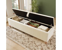 Pugsdrly Opbergbank met opberfunctie, 145 x 38 cm opbergbank, gestoffeerde bank met hydraulische opbergruimte, geschikt voor slaapkamer, woonkamer en hal, beige corduroy-optiek