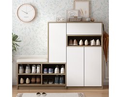 Pugsdrly Opbergbank voor schoenen en schoenenkast, schoenenbank, multifunctionele schoenenrek met beklede zitting, veelzijdige opbergoplossing voor schoenen met verstelbare planken voor in de gang, wit, L140/P35/H110 cm