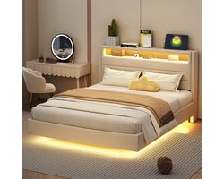Pugsdrly Opbergbed 140x200 cm met USB-aansluiting en LED-verlichting, omkeerbaar hoofdeinde, verborgen voeteneinde, dubbel vlak bed, jeugdbed, volwassen bed, linnen stof beige