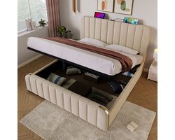 Pugsdrly Opbergbed Dubbel, gestoffeerd hoofdeinde met gouden sierstrepen en USB-type C-oplaadfunctie 180*200 cm, beige linnen materiaal Hydraulisch opbergbed, draagvermogen 226 kg (zonder matras)