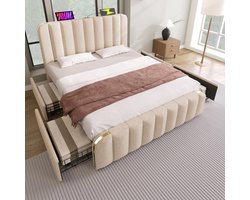 Pugsdrly Opbergbed Dubbel Opbergbed 160x200 cm met 4 lades gestoffeerd hoofdeinde met gouden sierstrepen USB type C oplaadfunctie beige linnen materiaal draagvermogen 200 kg zonder matras