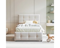 Pugsdrly Opbergbed kinderbed 90x200 cm hoog boxbed voor één persoon hydraulisch opbergbed fluweelstof beige in hoogte verstelbaar hoofdeinde