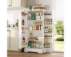 Pugsdrly - Opbergkast in boerderijstijl - Keukenkast - LED-voorraadkast - Met 2 vleugeldeuren - Verstelbare planken - Voor kleine ruimtes - Geschikt voor eetkamer en woonkamer - Witte diepdrukstructuur - 60 x 35 x 128,5 cm