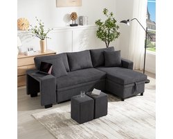 Pugsdrly Opklapbare bank met slaapfunctie, L-vormige hoekbank met USB-oplaadpoort en kussens, 3-zits slaapbank met zijtafels en opbergruimte