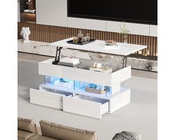 Pugsdrly Opklapbare salontafel Salontafel met in hoogte verstelbaar blad en verborgen opbergruimte, glanzende bijzettafel met LED, salontafel met 2 lades, wit, MDF + acrylplaten