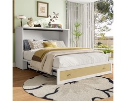 Pugsdrly Opklapbed, 140 x 200, mobiel opklapbed met lades aan het voeteneinde en plank aan het hoofdeinde, met USB-aansluiting en stopcontact, omvormbaar platformbed, zonder matras, wit