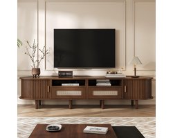 Pugsdrly Ovaal tv-meubel 170*40*40 cm en tv-tafel, tv-meubel met 2 designlades van rotan, 2 schuifdeuren, laag meubel en tv-tafel tot 70 inch, tv-meubel en tv-commode, notenhout