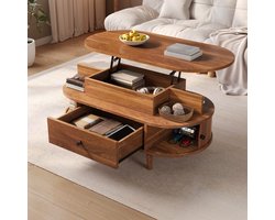 Pugsdrly Ovale salontafel met hefblad, MDF, centraal hydraulisch hefmechanisme, verborgen opbergruimte, twee open legplanken, grote lade + twee schuifdeuren, ronde handgrepen, conische poten van rubberboomhout, mult