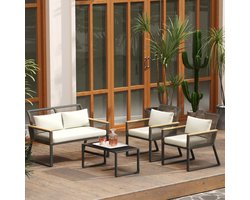 Pugsdrly Polyrotan tuinmeubelset voor 4 personen, weerbestendige balkonmeubelset met 2-zitsbank, 2 stoelen, glazen tafel, zitkussens, beige