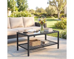 Pugsdrly Rattan salontafel, tweedelige buitentafel met opbergvak, gehard glazen blad en stalen frame, zwart