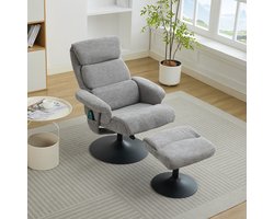 Pugsdrly Relaxfauteuil met verstelbare rugleuning en 5-puntsmassage, tv-fauteuil met elektrische verwarming en voetensteun, 360° draaibaar, grijs chenille