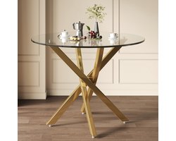 Pugsdrly Ronde eettafel, 80 x 80 x 75 cm, glazen blad, moderne stijl, vergulde poten, kan worden gebruikt als salontafel/bijzettafel, moderne minimalistische stijl, goud + glas