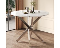 Pugsdrly Ronde eettafel, 80 x 80 x 75 cm, tafelblad in marmerlook, moderne stijl, poten van gegalvaniseerd zilver, salontafel/bijzettafel, moderne minimalistische stijl, wit + zilver