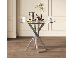 Pugsdrly Ronde eettafel, 80*80*75 Tafelblad van gehard glas, moderne eettafel, gegalvaniseerde tafelpoten, salontafel, eenvoudige en moderne eettafel, zilver