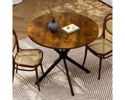 Pugsdrly Ronde eettafel met vier poten van 90 cm, in een strakke, eigentijdse stijl. Door het compacte ontwerp is deze tafel ideaal voor kleine ruimtes of hoeken van kamers. Gemaakt van spaanplaat en ijzer.