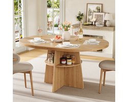 Pugsdrly Ronde uitschuifbare eettafel 110-150 x 110 x 77,5 cm, keukentafel voor 2-8 personen, ruimtebesparende eettafel met uitschuifbaar tafelblad en geïntegreerd opbergvlak, moderne houten tafel in natuurlijke look.