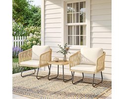 Pugsdrly Rotan bistroset 3-delige FSC-tuinsetset met 2 fauteuils, lamellenhouten tafel, dikke wasbare kussens, stalen frame