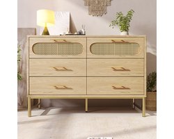 Pugsdrly Rotan ladekast met 6 lades, ladekast, kaptafel, voor woonkamer en slaapkamer, metalen handgrepen, kantelbeveiliging, 120 x 40 x 74 cm, Sonoma eiken