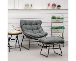 Pugsdrly rotan relaxfauteuil met voetenbank, tuinstoel met dikke kussens Outdoor rotan stoel Tuinstoel voor tuin, balkon, terras Grijs