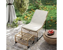 Pugsdrly rotan relaxfauteuil met voetenbank UV-bestendig tuinstoel met kussens banden 65 x 93 x 80 cm natuurlijk hout