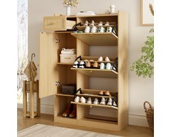 Pugsdrly Rotan schoenenkast met 3 klepdeuren, 1 lade en 1 deur, multifunctionele opbergkast voor de hal, woonkamer en kleine woningen, 80,5 × 25 × 125 cm