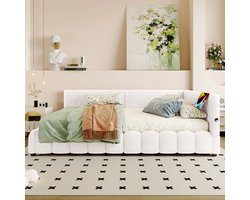 Pugsdrly Rustbed, 140*200 cm Rustbed, slaapbank, bed met lattenbodem (zonder matras), met LED-lichtstrip, met hydraulisch hefmechanisme, USB-aansluiting, type C, comfortabel materiaal, imitatie fleece, wit