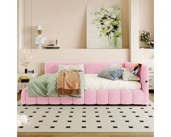Pugsdrly Rustbed, 140*200 cm Rustbed, slaapbank, bed met lattenbodem (zonder matras), met LED-lichtstrip, met hydraulisch hefmechanisme, USB-poort, type C, comfortabel materiaal, imitatie fleece, roze