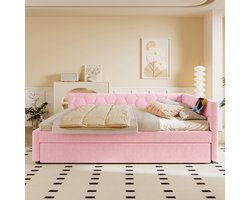 Pugsdrly Rustbed, 140*200 cm Rustbed, slaapbank, bed met lattenbodem (zonder matras), met nachtlampje, met multifunctioneel uitschuifbed, USB-poort, type C, comfortabel materiaal, imitatie fleece, roze