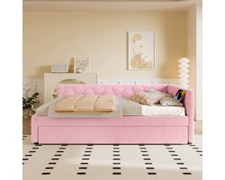 Pugsdrly Rustbed, 90*200 cm Rustbed, slaapbank, bed met lattenbodem (zonder matras), met nachtlampje, met multifunctioneel uitschuifbed, USB-poort, type C, comfortabel materiaal, imitatie fleece, roze