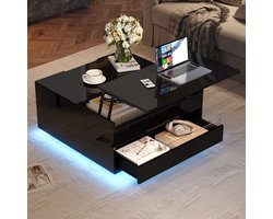 Pugsdrly Salon salontafel 70*70*38 cm, salontafel met LED-verlichting, salontafel met 1 lade, glanzende bijzettafel met verborgen opbergruimte en opklapbare deuren, zwart