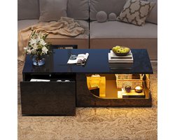 Pugsdrly Salontafel 100*50*30 cm, salontafel met 2 lades, glanzende bijzettafel voor de woonkamer, salontafel van MDF, salontafel met LED, tafelblad van gehard glas, zwarte designtafel