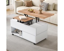 Pugsdrly Salontafel 100*50*52 cm met 4 wieltjes, multifunctionele salontafel met 4 lades, opklapbare salontafel, in hoogte verstelbare salontafel, bijzettafel en eettafel met opbergruimte, wit + houtkleur