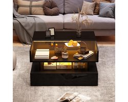 Pugsdrly Salontafel 80*80*45 cm In hoogte verstelbare salontafel met verborgen opbergruimte en 2 lades, salontafel met LED-verlichting, glanzende bijzettafel voor de woonkamer, salontafel van gehard glas, zwart