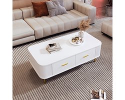 Pugsdrly Salontafel met lades, afgeronde hoeken, salontafel met golvende zijkanten, gouden handgrepen en poten, bijzettafel