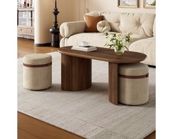 Pugsdrly Salontafelset met 2 poefs, ovale salontafel van MDF, woonkamertafel, koffietafel met zitpoefs, gestoffeerde poefs, ronde moderne salontafel, bijzettafel, loungetafel