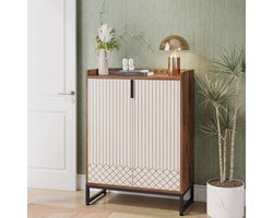 Pugsdrly Schoenenkast met 2 deuren, 73 x 35 x 105 cm, schoenenrek, schoenenkast voor 25 paar schoenen, witte schoenenkast met goudkleurig metalen frame, smalle schoenenkast, halmeubel, schoenenkast voor in de gang, wit en bruin