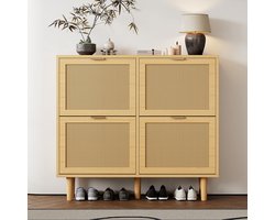 Pugsdrly Schoenenkast met 4 klaplades, schoenenkast van rotan met metalen handgrepen, schoenenrek voor de gang, slaapkamer, appartement, houten meubels, cottage-stijl, afmetingen: 100 x 25 x 90 cm