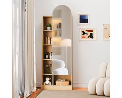 Pugsdrly Schoenenkast, spiegeldeur, garderobekast, kleedspiegel met opbergruimte, hoge kast, badkamerkast met verstelbare planken, natuurlijke houtlook - H165/B60T28 cm