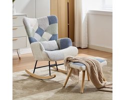Pugsdrly Schommelstoel met voetensteun, moderne stoffen fauteuil, gestoffeerde slaapbank voor woonkamer, slaapkamer, kantoor (patchwork-kleur, houndstooth-patroon) - belastbaar tot 110 kg