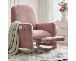 Pugsdrly Schommelstoel met voetensteun, relaxfauteuil met voetenbank, schommelstoel voor binnen met hoge rugleuning voor in de woonkamer, van roze Teddy-stof