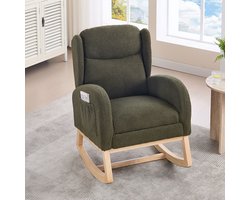 Pugsdrly Schommelstoel, voedingsstoel, loungestoel met houten frame, verstelbare voetensteun, hoge rugleuning, Teddy-stof, met zak, comfortabele bijzetstoel voor de slaapkamer en woonkamer, groen