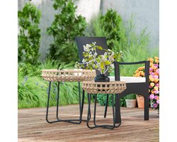 Pugsdrly Set van 2 bijzettafels polyrotan ?60/41 cm rond weerbestendig tuintafel met X-poten verstelbare voetpads bruin