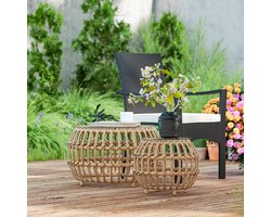 Pugsdrly Set van 2 bijzettafels polyrotan ?66/42 cm rond weerbestendig tuintafel met glazen blad bruin