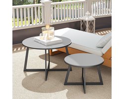 Pugsdrly Set van 2 bijzettafels Stapelbaar Tuintafel Rond weerbestendig Balkontafel met X-poten Glazen blad Staal Zwart+Grijs